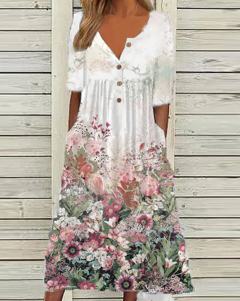 V-Neck Floral Print Dress
