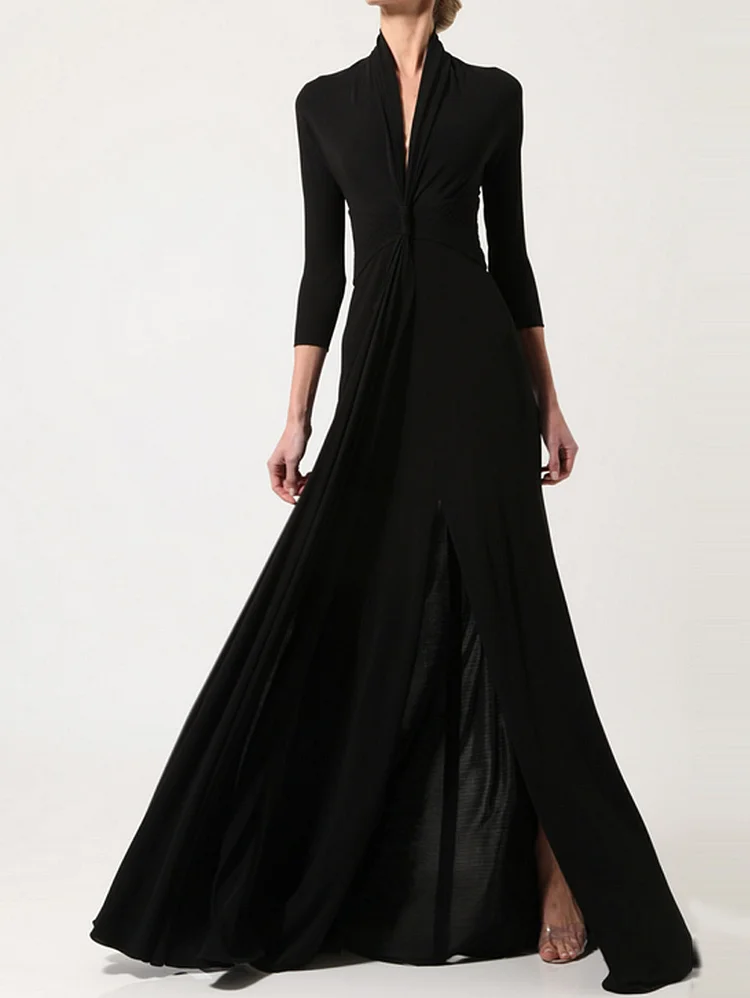 Elegant V Neck 3/4 Sleeve Floor-length Flowy Dress