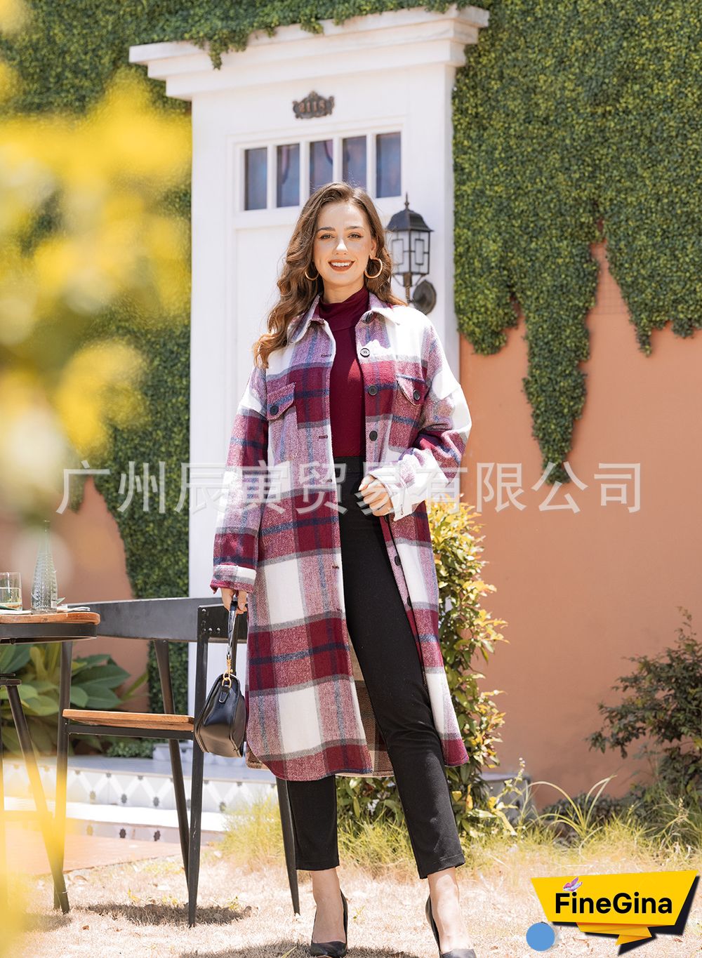 Autumn And Winter Classic Plaid Coat Ladies Lapel Double Side Pockets Long Loose All-match Coat Jackets