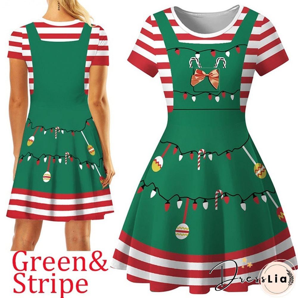 Christmas Deer Elk Snowman Print Short Sleeve Dress Xmas Santa Claus Women Dress