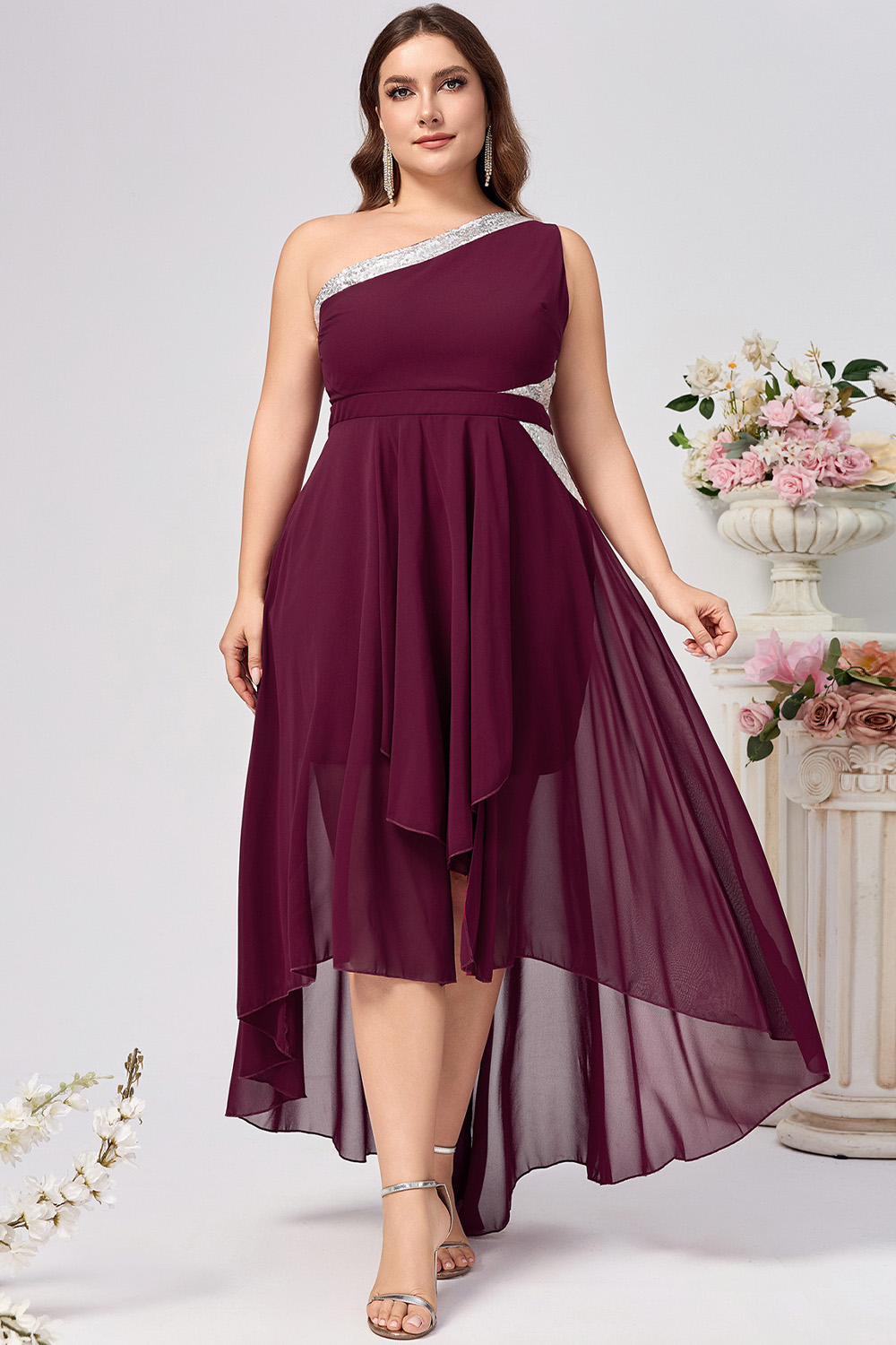 Plus Size Wedding Guest Burgundy Skew Neck High Low Hem Maxi Dress 2024 - Flycurvy 