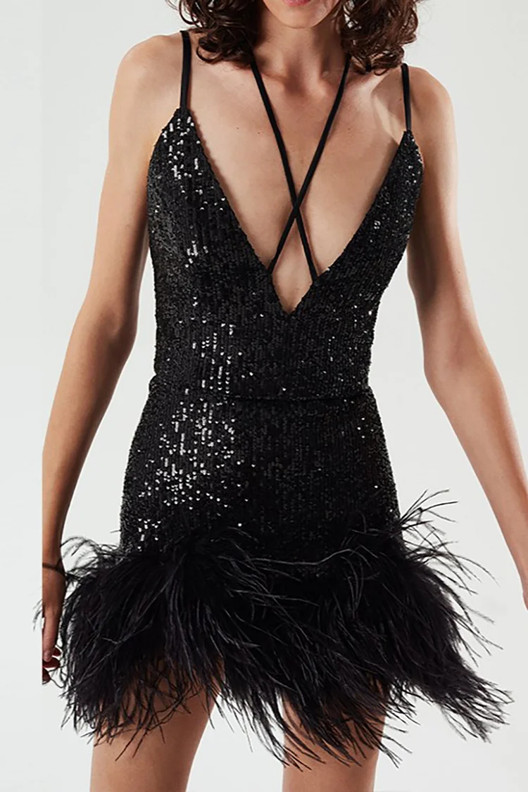 Tied Up V Neck Sequin Stitching Feather Hem Backless Birthday Party Slip Mini Dresses