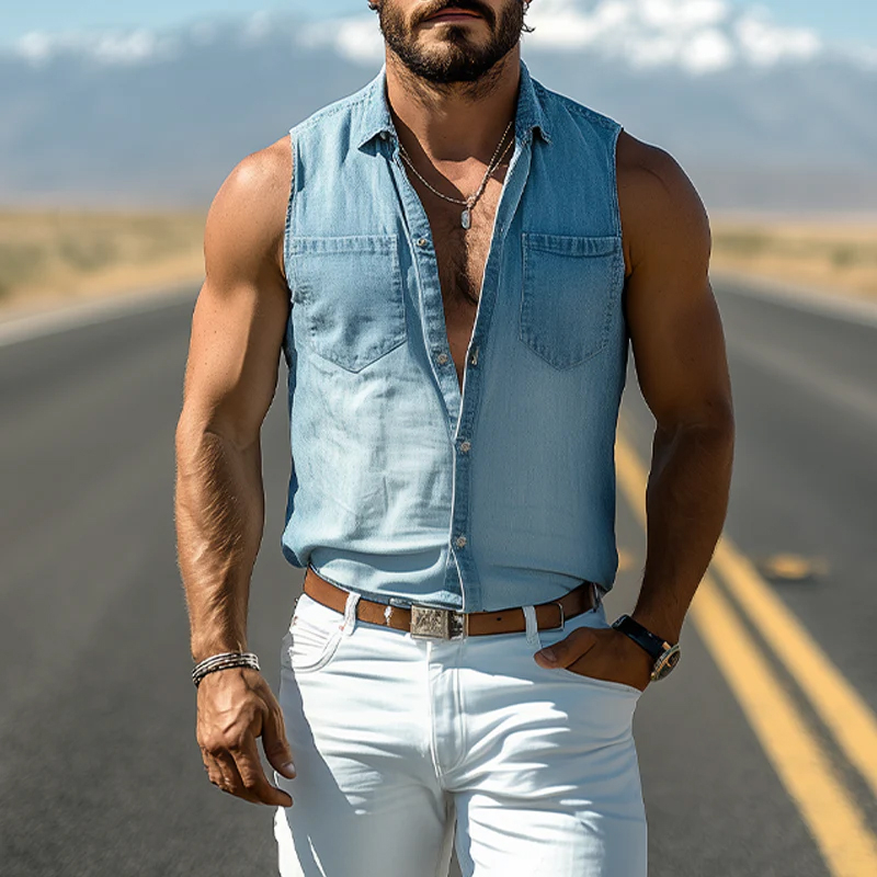 Men's Fashionable Casual Western Cowboy Style Washed Tencel Denim Sleeveless Shirt