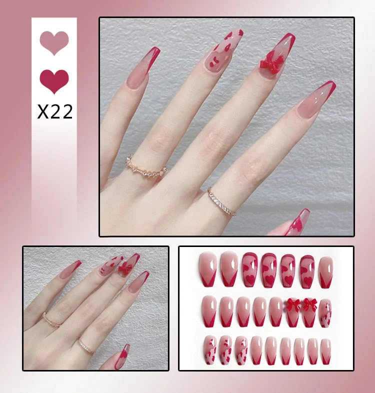 24Pcs/Set Nails Extension System Full Cover Coffin Medium Dripping Diamond Heart Shape Press on False Nail Tips-Nail Inspo