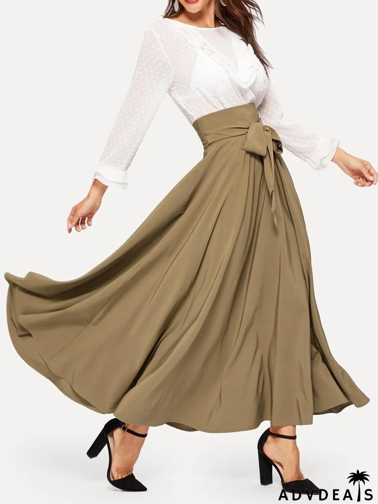 High Waist Zip Back Knot Swing Skirt