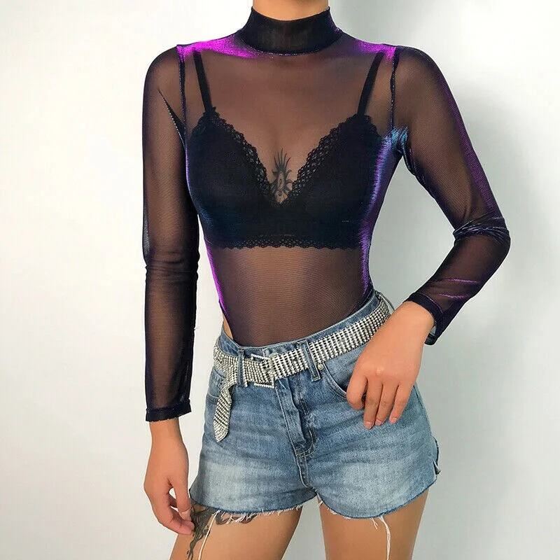 Long Sleeve Mesh Sheer Sexy Bodysuit Women Spring Summer Stand Collar See Through Party Club Sexy Bodysuit Tops Female