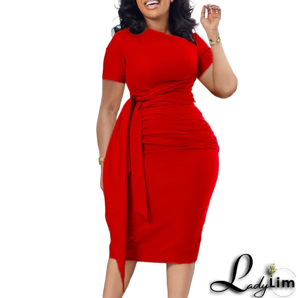 African Women Summer Short Sleeve Pleated Lace-Up Slash Shoulder Dress