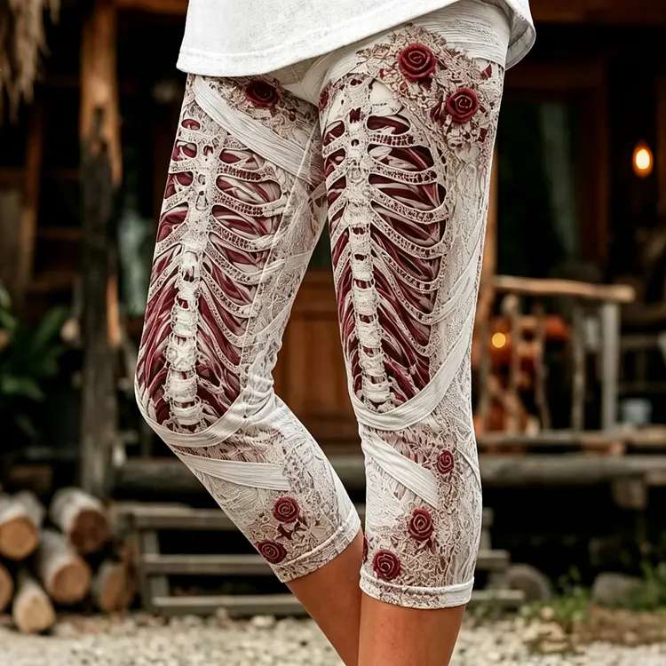 Women's Retro Halloween Rose Skull Print Skinny Capri Pants