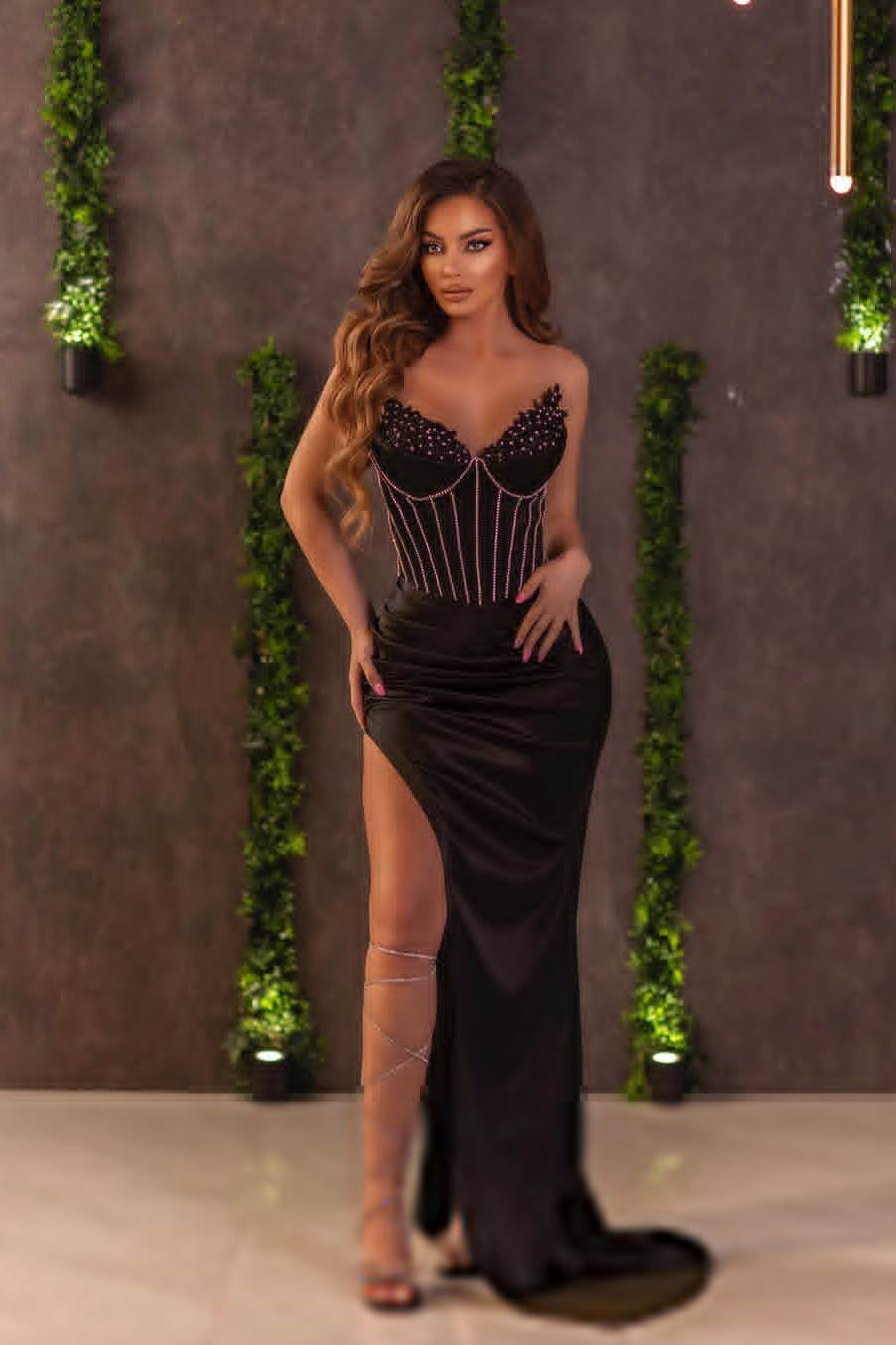 Daisda Black Sleeveless Strapless Sweetheart Mermaid Pleated Beads Prom Dress 