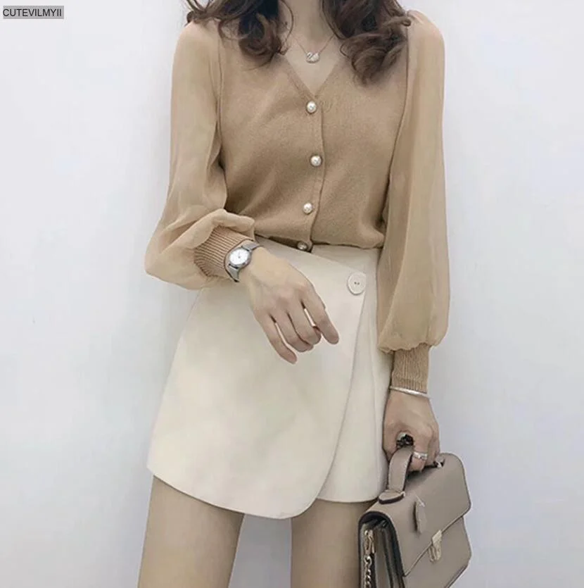 Women Winter Spring New Long Sleeve Button Knitted Blouses Female Fashion V-neck Solid Color Shirts Loose Casual Tops Pullovers