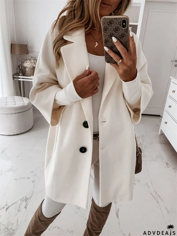 Women's 3/4 Sleeves Buttoned Lapel Faux Wool Coat with Pockets