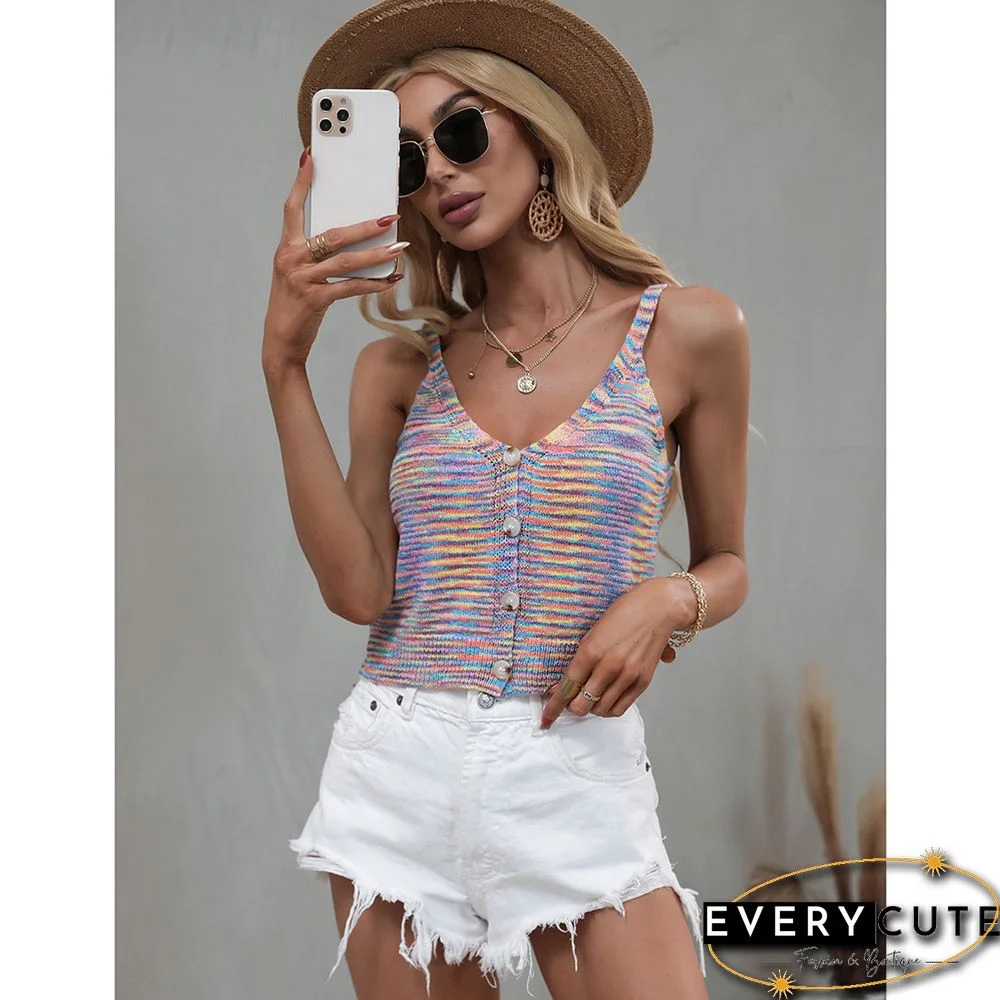 Multicolor Stripe Button Purple Vest