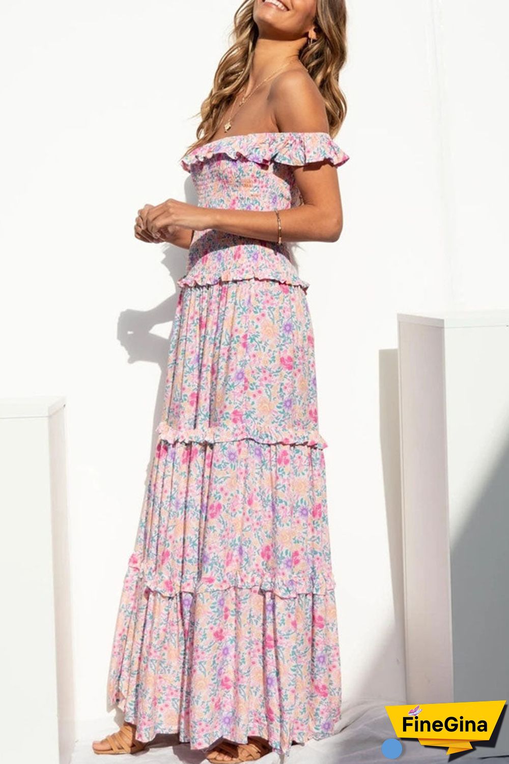 Fashion Street Print Split Joint Off the Shoulder Princess Dresses