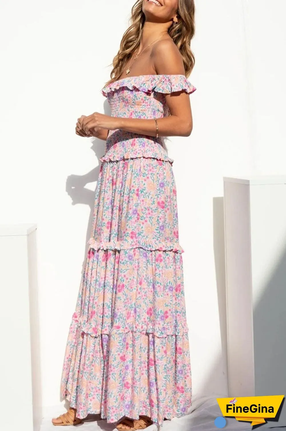 Fashion Street Print Split Joint Off the Shoulder Princess Dresses