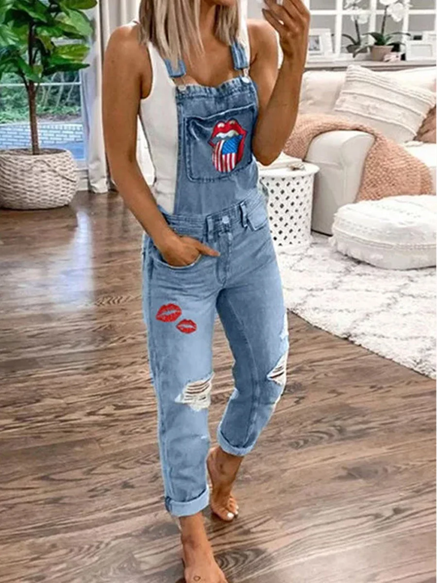 Casual Lip Printed Jeans Jumpsuit