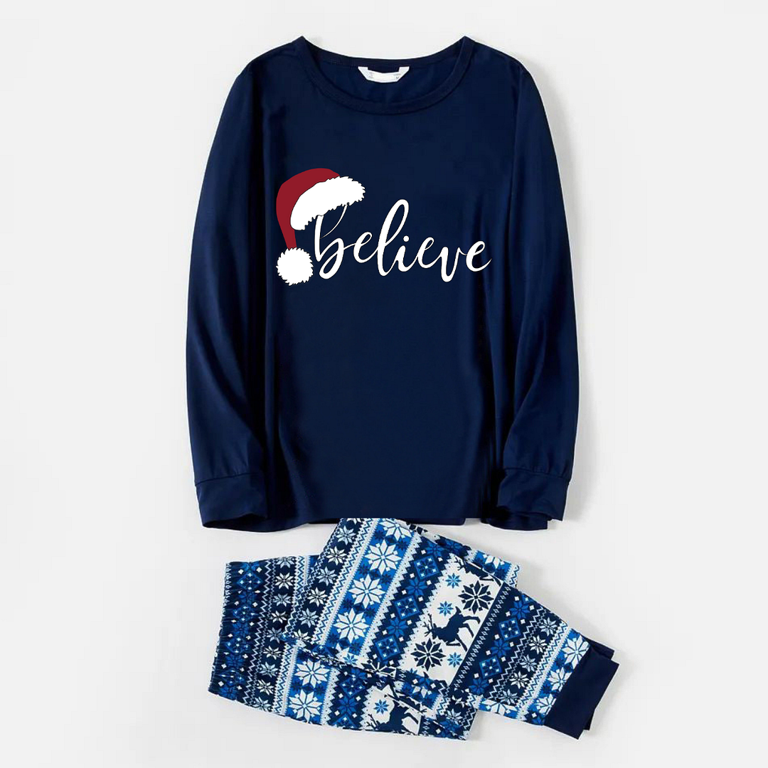"Believe" Print Blue Family Christmas Matching Pajamas