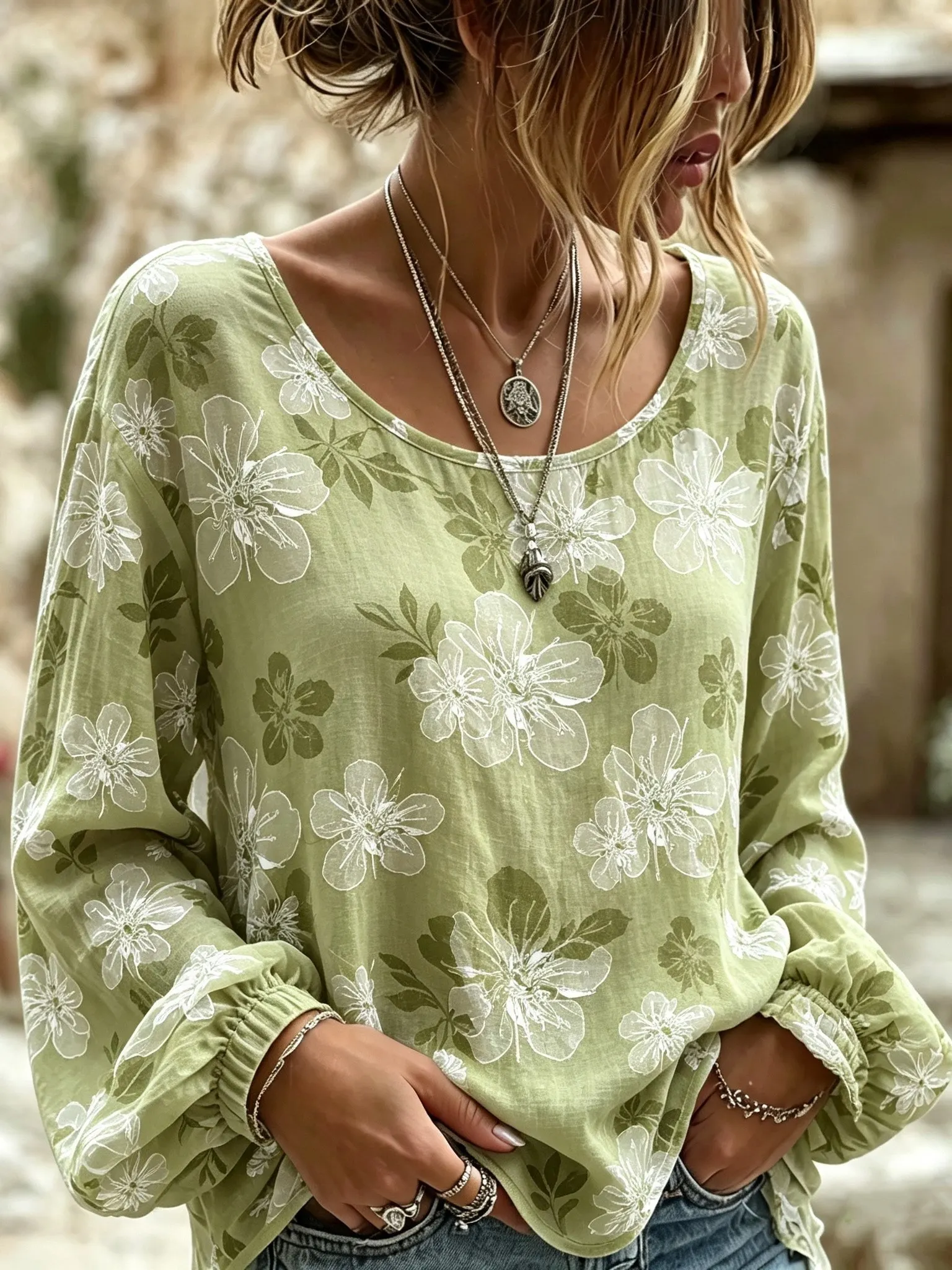 Comstylish Women's Retro Bohemian Floral Print Cotton Linen Top