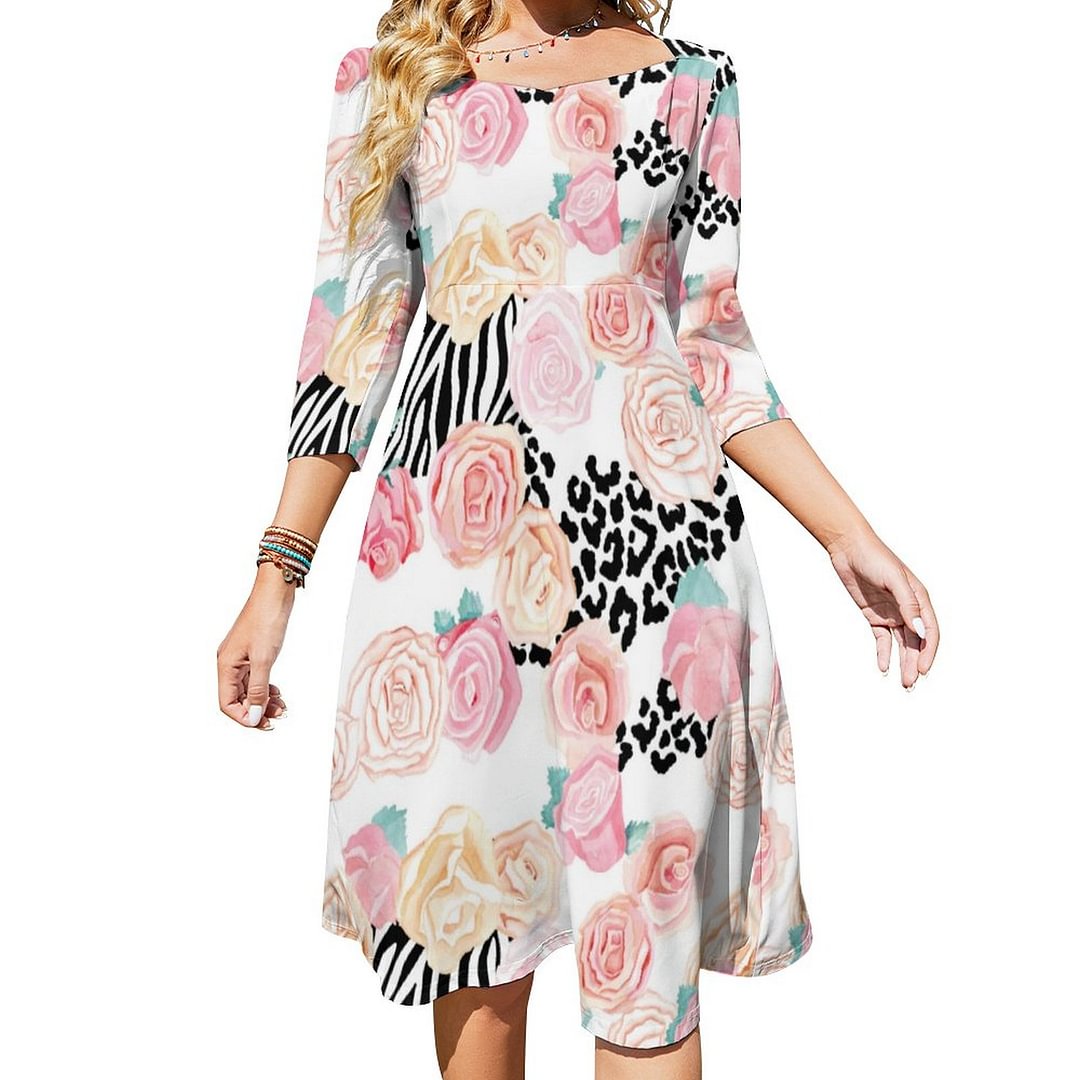 Pretty Yellow Pink Floral Animal Print Dress Sweetheart Tie Back Flared 3/4 Sleeve Midi Dresses