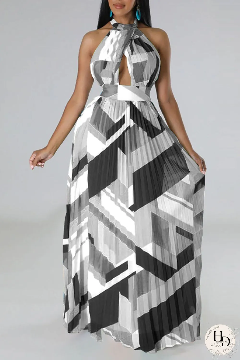 Black Sexy Print Patchwork Backless Fold Halter A Line Dresses