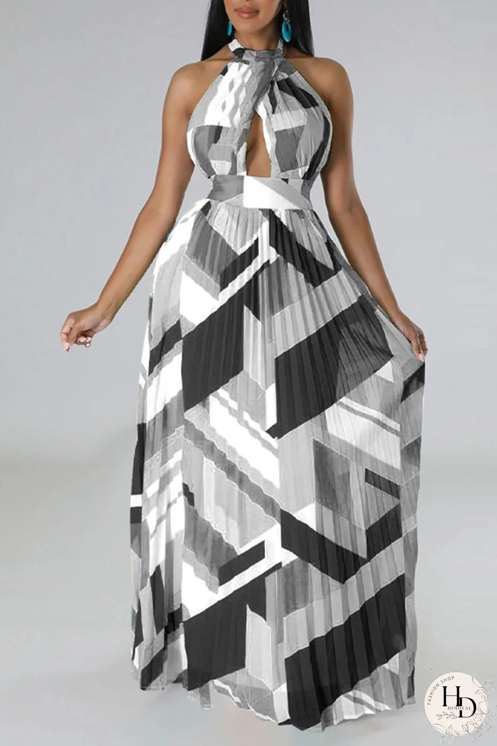 Black Sexy Print Patchwork Backless Fold Halter A Line Dresses