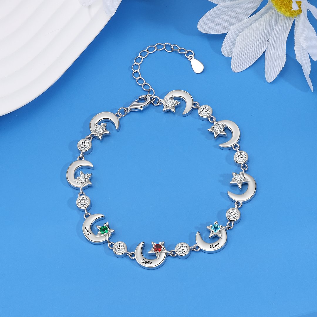 Personalized 3 Birthstones 3 Names Moons And Stars Women S Bracelet