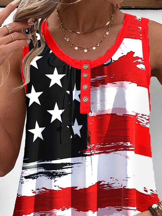 Women Sleeveless Scoop Neck Striped Star Printed Graphic Button Tops