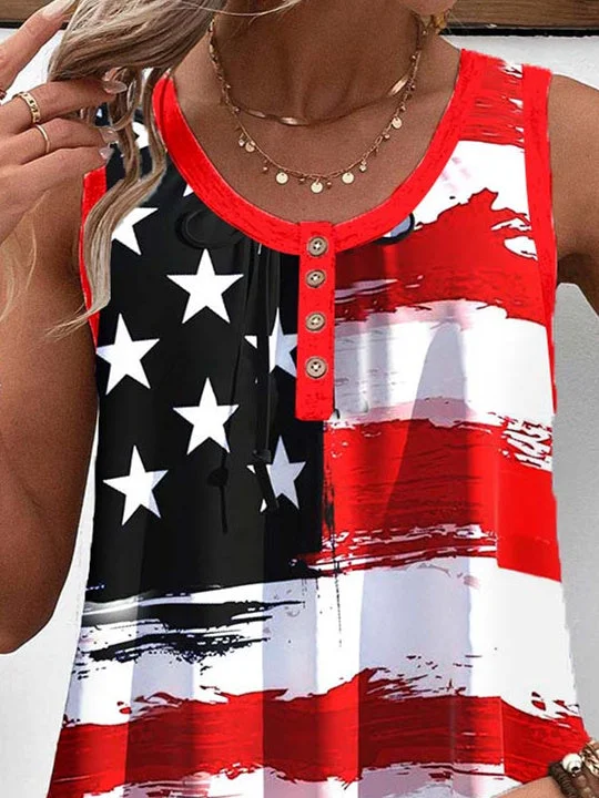 Women Sleeveless Scoop Neck Striped Star Printed Graphic Button Tops