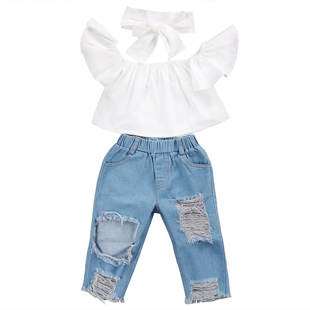 2020 New Brand Toddler Infant Child Girl Kids Off Shoulder Tops Denim Pants Jeans Outfits Headband 3Pcs Set Fashion Clothes 1-6Y