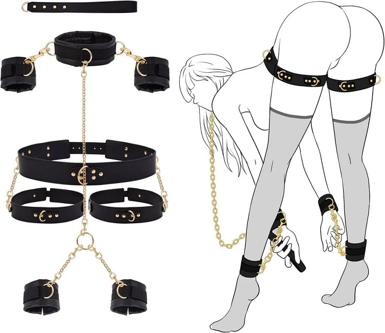pornhint Pornhint BDSM Adult Couple Sex Toys Bondage Bed Restraint Kit Handcuffs Chain Collar 7PCS BDSM