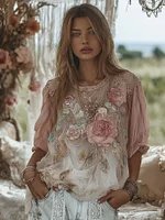 Women's Rose Art Flowy Linen Blend Casual Tops