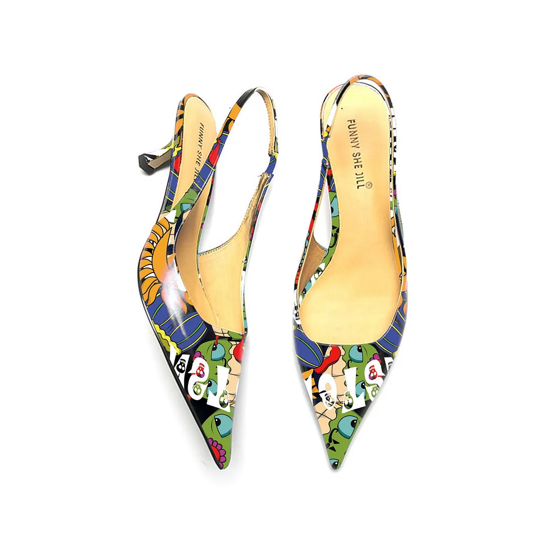 Multicolor Cartoon Print Kitten Heels Pointed Toe Slingback Pumps Nicepairs