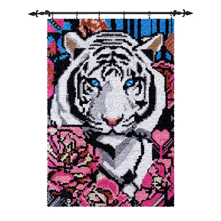 [Large Size] White Tiger with Flowers - Latch Hook Rug Kit veirousa