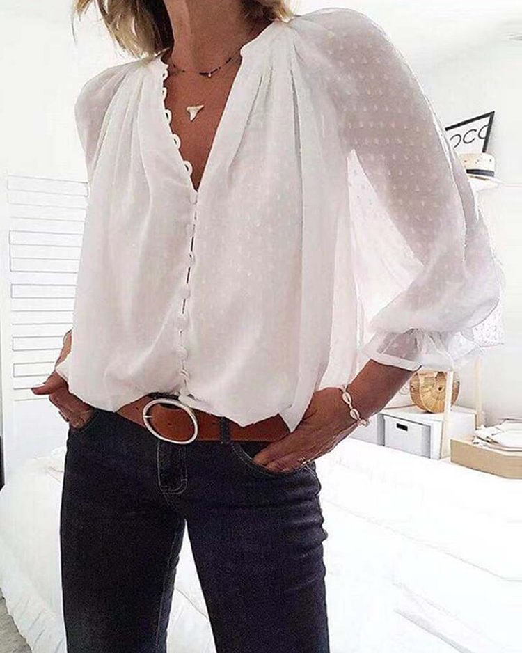 Dots Button Long Sleeve Blouse