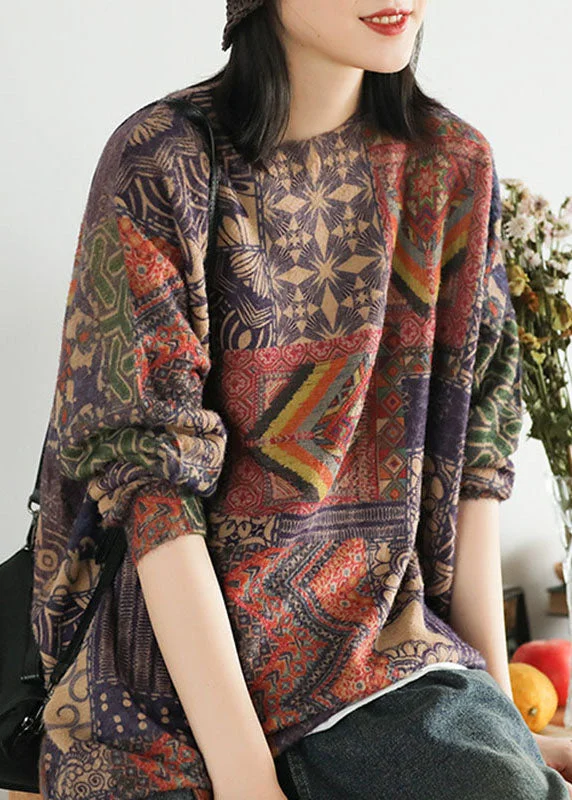 Women Geometric pattern Loose O-Neck Print Oriental Fall Knit Sweater