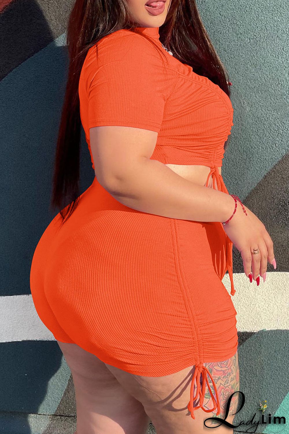 Orange Fashion Casual Solid Draw String Frenulum O Neck Plus Size Two Pieces