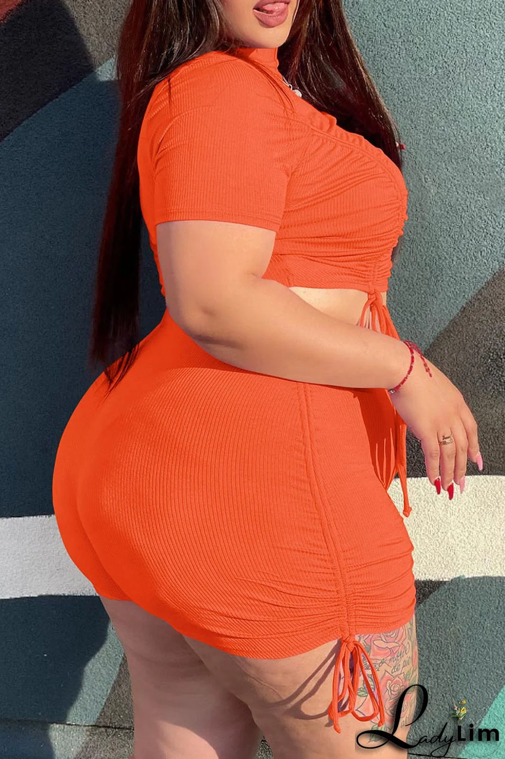 Orange Fashion Casual Solid Draw String Frenulum O Neck Plus Size Two Pieces