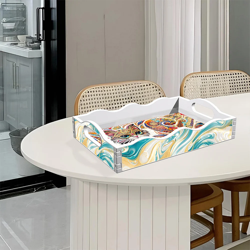 Acrylic Rich Cat DIY Diamond Decorative Serving Tray with Handle for Home Decor