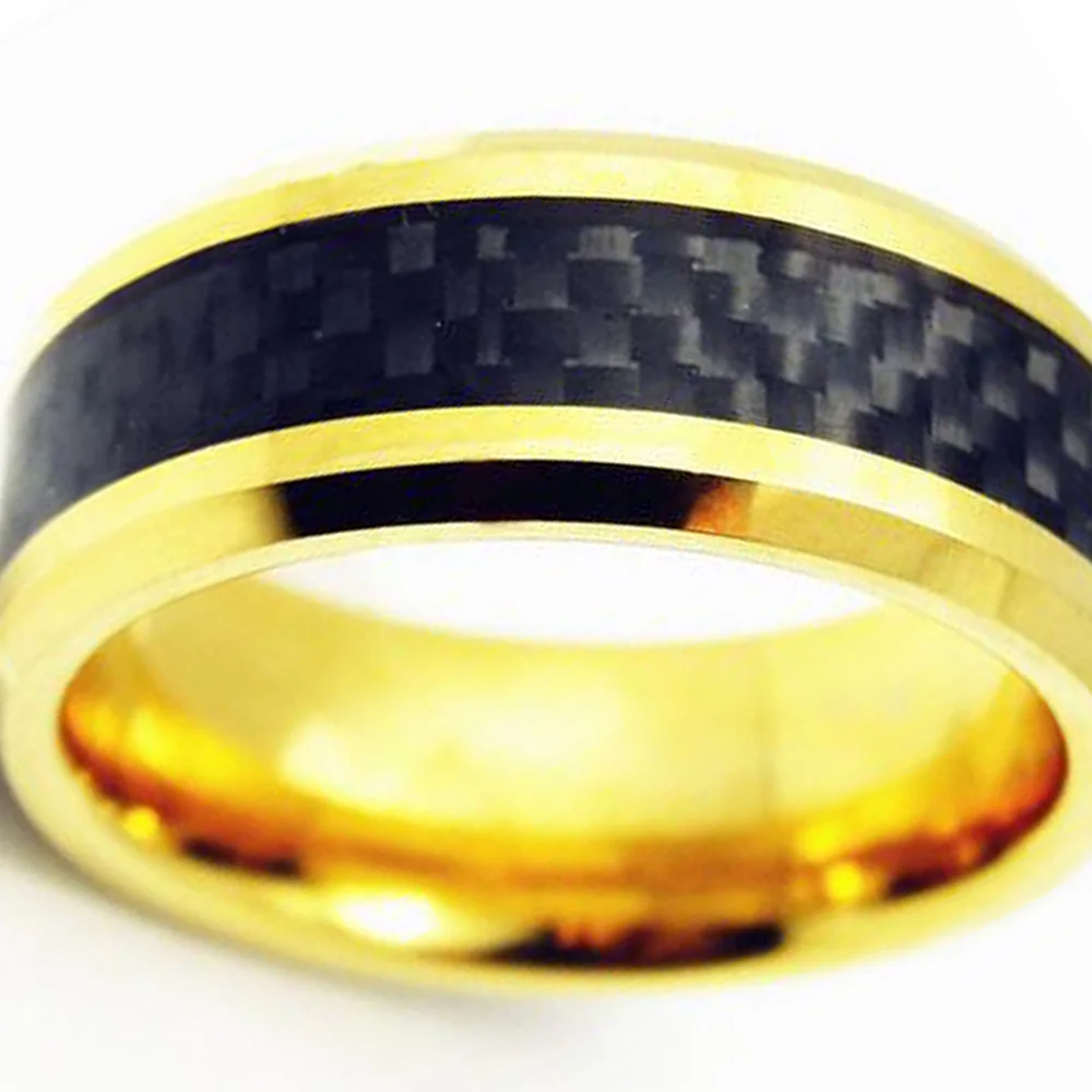 Gold Plated 8MM Tungsten Carbide Rings Black Carbon Fiber Inlay Men Wedding Band