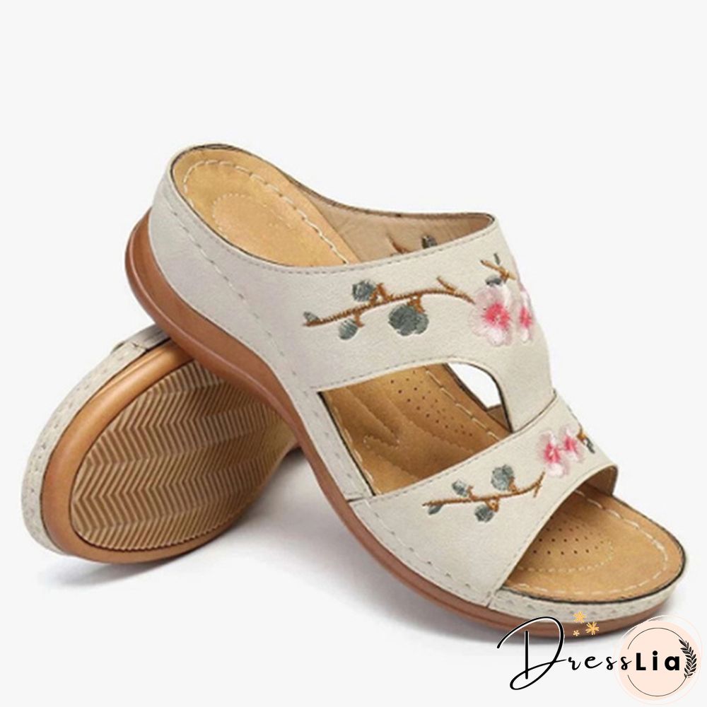 Woman Slippers Vintage Ethnic Flower Platform Flat Shoes Women Comfortable Casual Sandals