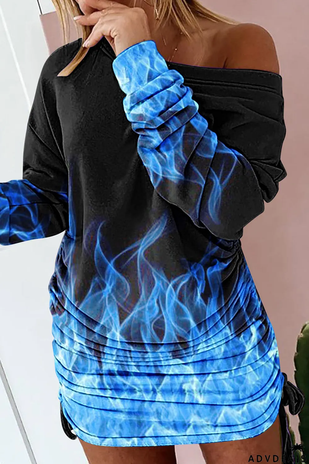 Purple Sexy Print Patchwork Draw String Fold O Neck One Step Skirt Dresses