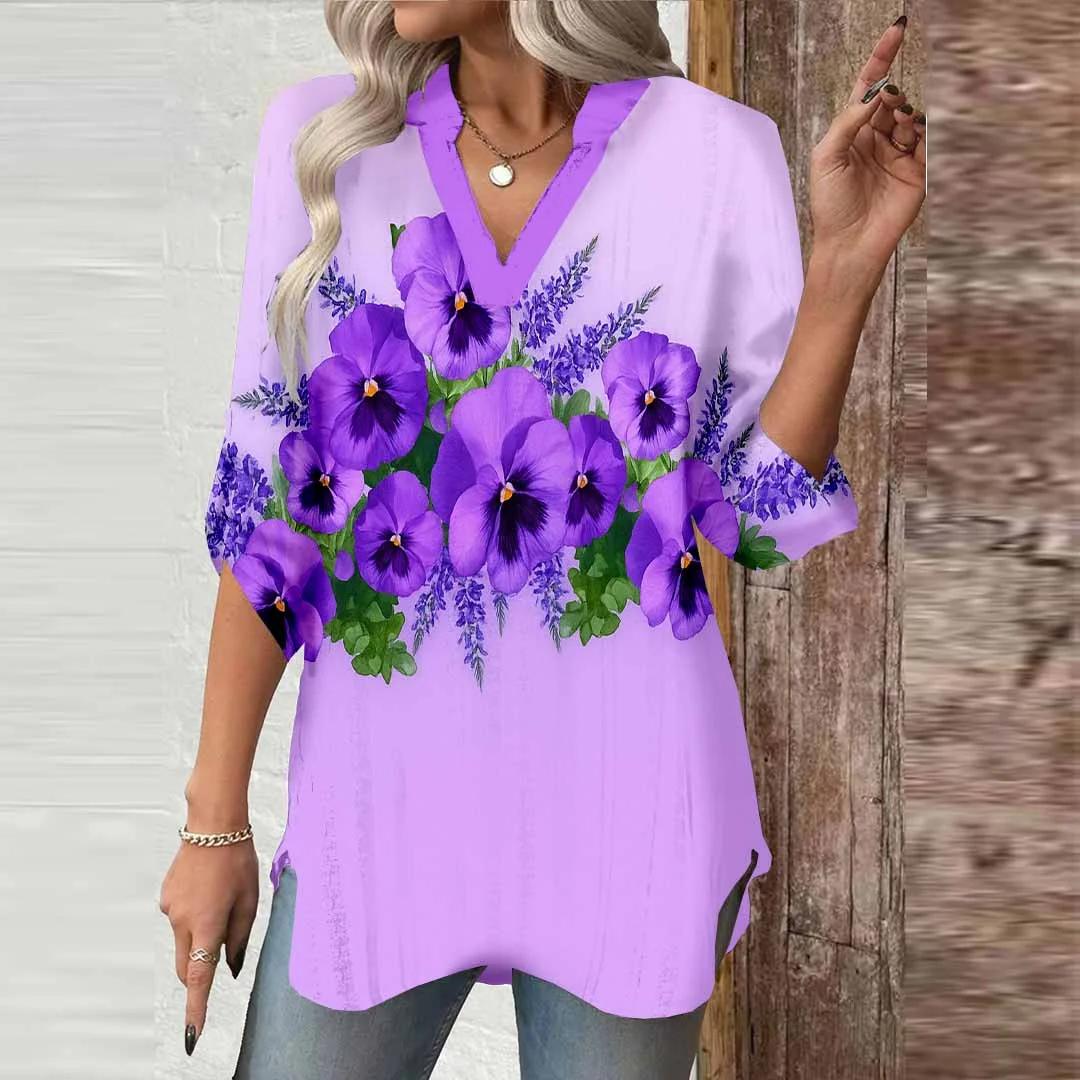 Women Purple,Floral,Ladynora DZGA0623 3/4 Sleeve V-neck Printed Graphic Button Tops