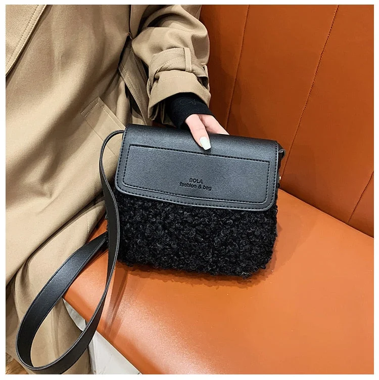 fashion lambswool women shoulder bags designer letter plush messenger bag luxury faux fur crossbody bag ladies small flap purses