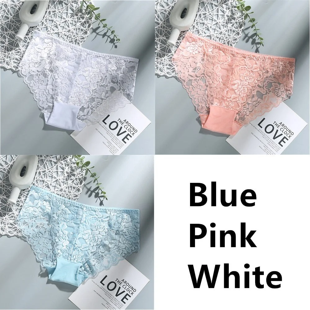 3Pcs Sexy Low Waist Women's Underwear Lace Plus Size Seamless Panties Breathable Lingerie Female Briefs Solid Hollow Underpants