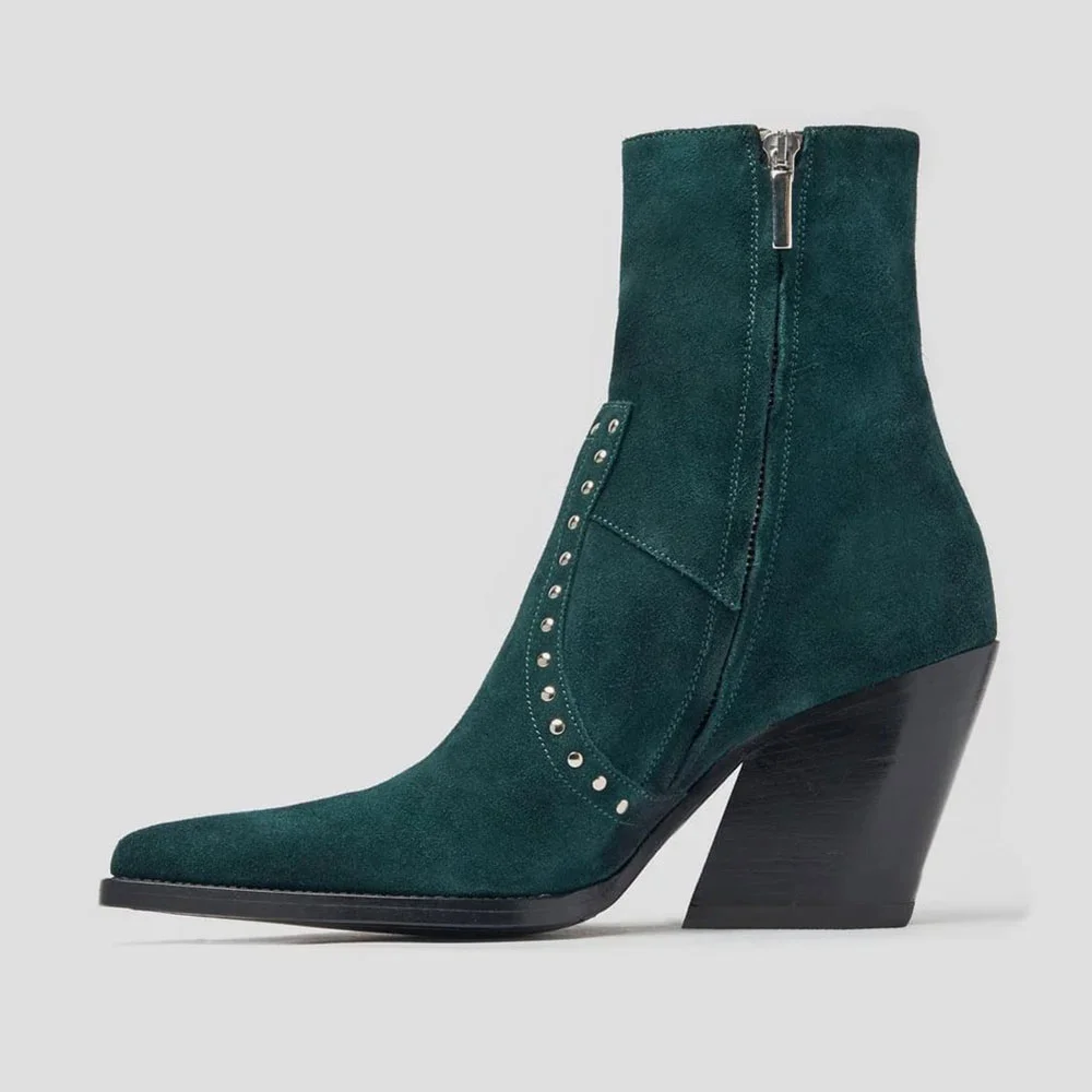 Teal Pointed Toe Block High Heel Studded Fringe Ankle Boots