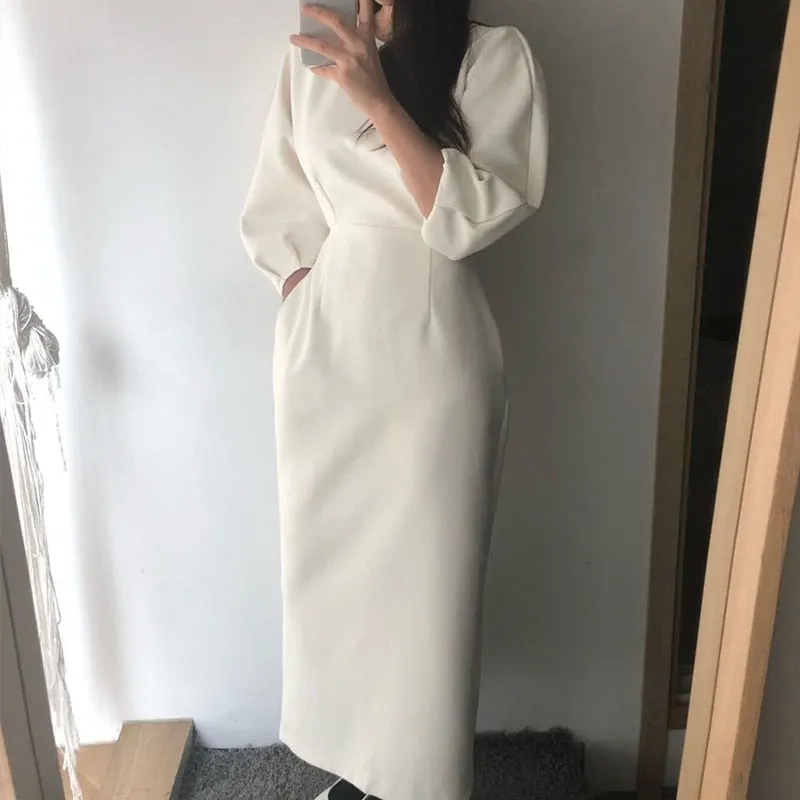 Elegant Ladies Office Dress Fashion Sexy Solid Color Dress Women Slim Midi Dress Vestidos OL Christmas Clothes