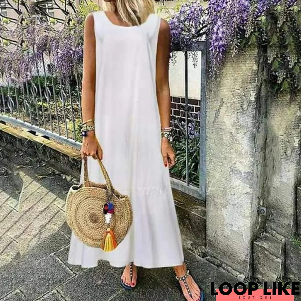 Solid Color Dress Sleeveless Plus-Size Skirt White Dresses