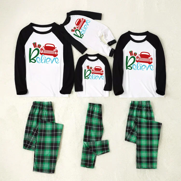 'Believe' Christmas Car Cartoon Print Green Plaid Family Matching Pajamas Set