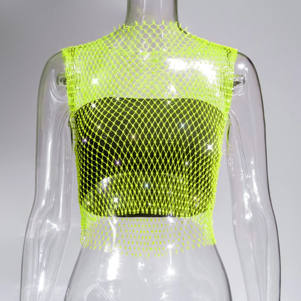 Uveng Uveng Nightclub Dresses Fishnet Hollow Out Rhinestone Vest Mesh Flash Diamond Sling Top Female