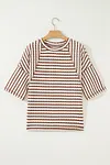 Women's Casual Brown Stripe Textured Knit Split Hem Half Sleeve Loose Top