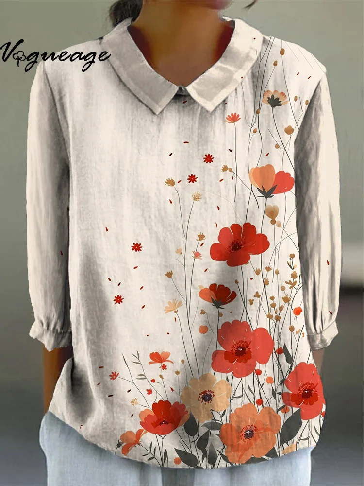 Casual Simple Elegant Floral Printed Cotton And Linen Women Shirt